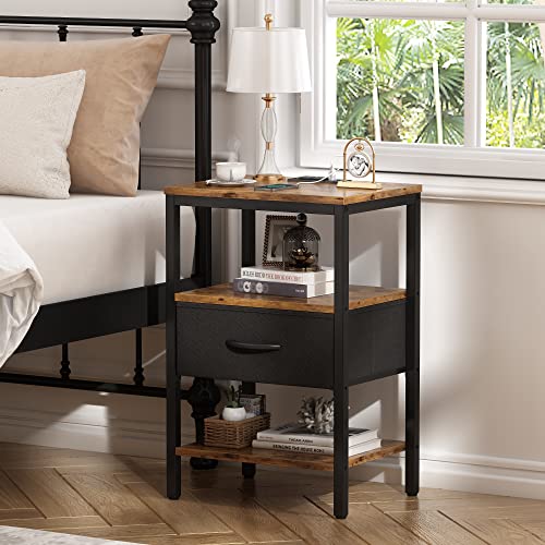 Superjare Nightstands Set Of 2, Bed Side Tables With Charging Station, Adjustable Fabric Drawer, Night Stands For Bedroom, 3-Tier Storage End Tables, Fabric Dresser, For Living Room - Vintage Brown #TOP1