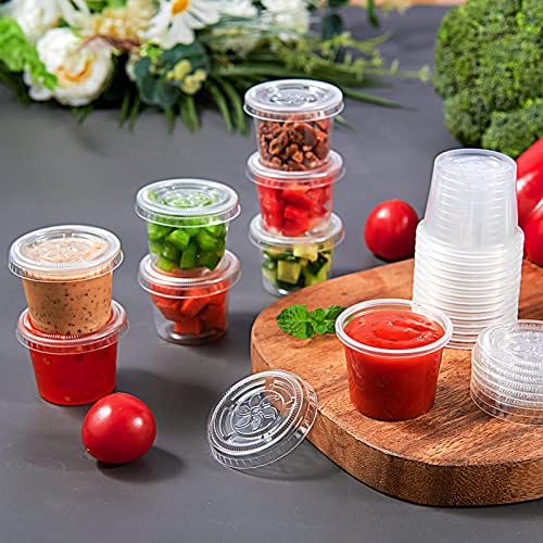 Image of 400 Sets 1 oz Plastic Portion Cups with Lids, Plastic Sauce Cups with Lids | Leak-proof sealing lids for sauces, jelly shots, souffle, condiments, dressings, for daily use, commercial kitchens, takeaway