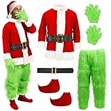 Disfraz de Grinch para adultos, 7 unidades, disfraz de elfo de Navidad, máscara peluda de Papá Noel, guantes y sombrero, disfraz de Navidad de lujo para fiesta de disfraces (talla M)