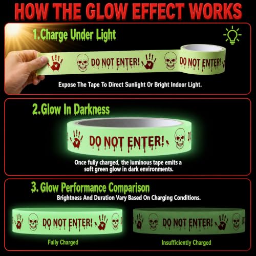 Allyix Glow in the Dark Halloween Decorations Caution Tape, 2 in x 16.4 Ft - image 5