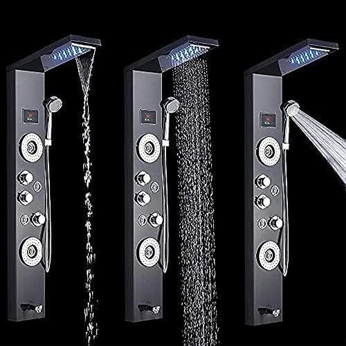Juego de columna de ducha con panel LED, 5 funciones, con pantalla de temperatura de agua, cabezal de ducha efecto lluvia, ducha de mano y boquilla de masaje corporal miniatura 6
