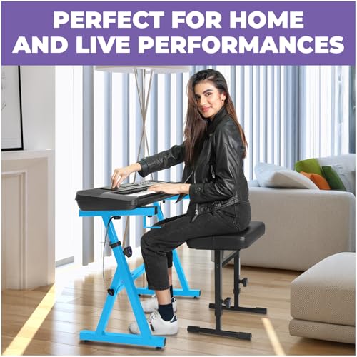 Image of Liquid Stands Portable Heavy Duty Digital Piano Stand & Bench Set - Adjustable Keyboard Music Stand & Seat for 54-88 Key Electric Pianos (Light Blue)