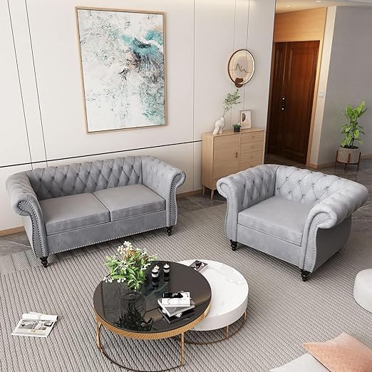 Sky Rise Decor Modern Classic 4 Seater Fabric & Velvet Tufted 2+1 +1Footrest Chesterfield Sofa Living Room and Office (Grey)