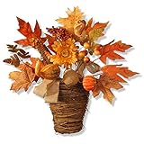 National Tree Company Artificial Flowers in Wicker Basket, Decorated with Pumpkins, Gourds, Berry Clusters, Burlap, Maple Leaves, Autumn Collection, 16 in