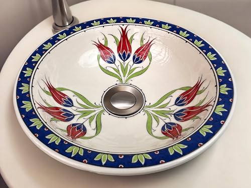 Colorful Tulip Patterned Round Sink, Countertop Washbasin, Bohem Art Sink,