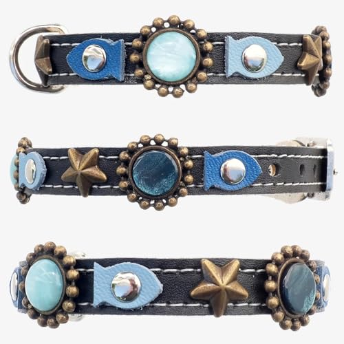 Original y Cómodo Collar para Gatos de Cuero Negro, Hebilla con Seguridad Elástico, Piel de Calidad, Diseño Único Hecho a Mano en España, Peces Azules, Piedras y Estrellas de Mar