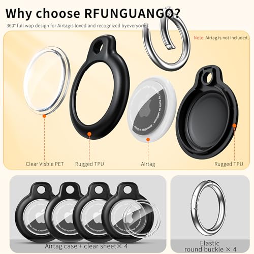 Image of RFUNGUANGO Apple AirTag Holder with Key Ring 4 Pack AirTag Case | Hard Protective AirTag Case for Kid, Pet, Luggage, Backpack, Key - 4 Pack Black