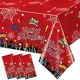 Denwiller 3Pcs Spider Birthday Party Tablecloth Decorations, Disposable Plastic Cartoon Spider Tablecloths Red Table Cover for Rectangle Table Boy’s Birthday Party Supplies, 54x108 inches