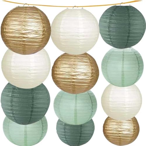 Green White Gold Paper Lanterns 12Pcs Lanterns for Birthday Baby Shower Gender Reveal Wedding Party Decoration