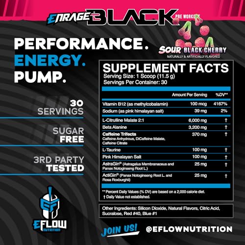 Image of eFlow Nutrition Enrage Black High Stimulant Pre Workout Supplement - Preworkout Powder to Boost Energy, Pumps and Strength - 4 Flavors (30 Servings) (Sour Black Cherry)