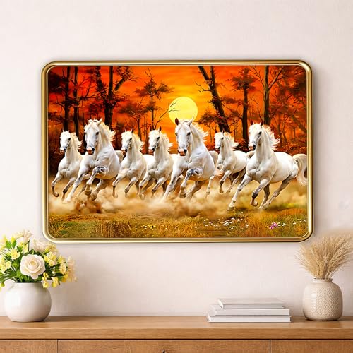 Image of XOPY Seven Running Horses Canvas with Golden Frame | Vastu 7 horses Raw Pyrite Painting for Home, Office & Living Room Wall Decore | 12X18 Inch Sparkle Laminated Frame | Best For Gifting (53310, 12X18)
