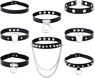 LOLIAS 8Pcs Women's PU Leather Gothic Choker Necklace Set Punk Chain Clavicle Black Leather Choker Sexy Spike Choker Necklace Rock Belt Love Heart Choker Adjustable Collar Choker Cosplayer