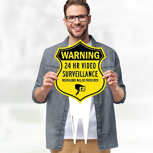 Image of Warning, 24 Hr Video Surveillance Sign, 9x17, Heavy Duty Integrated Ground Stakes, Indoor /Outdoor Use, Rust Free Aluminum Composite, Made in USA by My Sign center