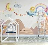 Tzxztt Dibujos Animados Hechos A Mano Nubes Arcoíris Globo Aerostático Papel Pintado 3D Seda Texturizada Primera Calidad Neutros Material Ideal Para SalóN Dormitorio-350cm×256cm