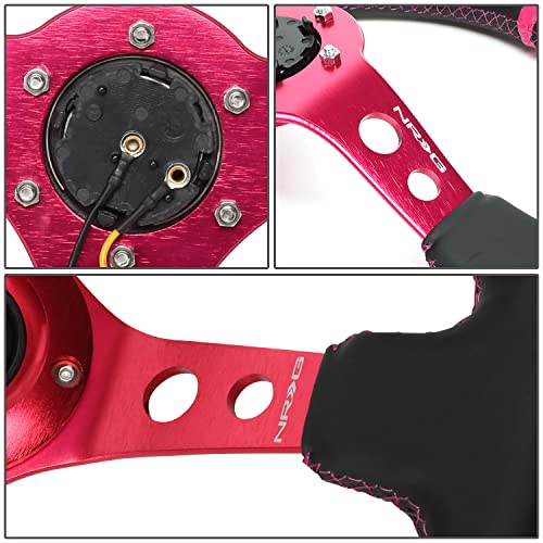Image of NRG Innovations NRG-RST-006FH Reinforced Steering Wheel 350mm Sport Steering Wheel (3 inch Deep), Black Leather Fushia Center Mark with Fushia Stitching, Fushia Center Spoke