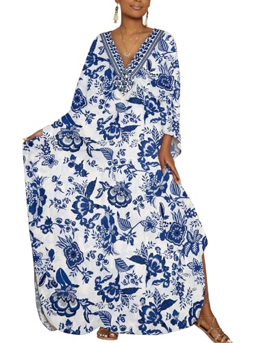 Image of Bsubseach Women Floral Print Kaftan Dresses Plus Size Bathing Suit Cover Up Moo Moos Caftan Beach Dress for Swimwear Summer
