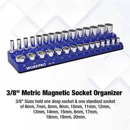 Image of WORKPRO 3 /8 inch Metric Magnetic Socket Organizer, Holds 30 Pieces, Standard & Deep Sockets (Sockets Not Included)