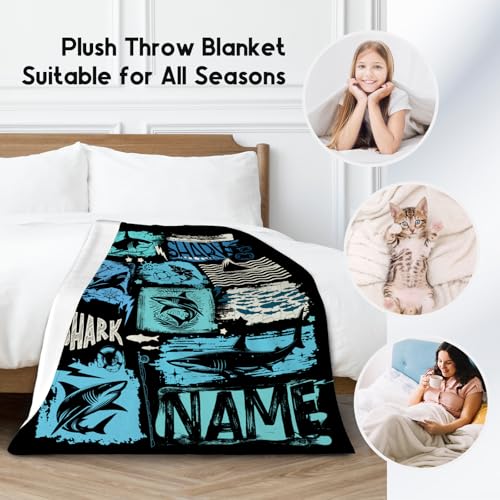 Custom Shark Blanket Kids - 50x60 Inches Cute Throw Blanket for Boys - Black Soft Fuzzy Blankets for Bed, Couch & Travel