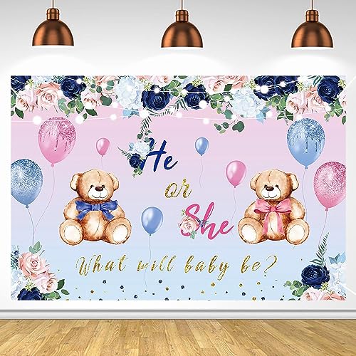 Huture Gender Reveal Backdrop Banner Blues Clues Gender Reveal Decorations Boy or Girl Banner Balloon Little Bear Pattern Gender Surprise Backdrop Background for Baby Shower Decorations, Style 5