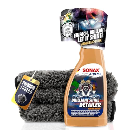 Auto Lackreiniger Set | SONAX XTREME Brilliant Shine Detailer 500ml + Poliertuch | Reiniger zur schnellen Lackpflege für frischen Glanz mit Wasserabperleffekt