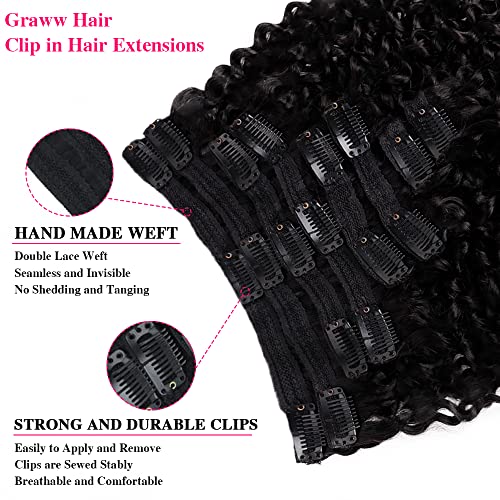 Graww Curly Clip In Hair Extensions For Black Women 8Pcs 18Clips Brazilian Remy Hair 3C 4A Kinky Curly Real Human Hair Extensions 120G/Set Natural Black (16Inch Curly) #TOP2