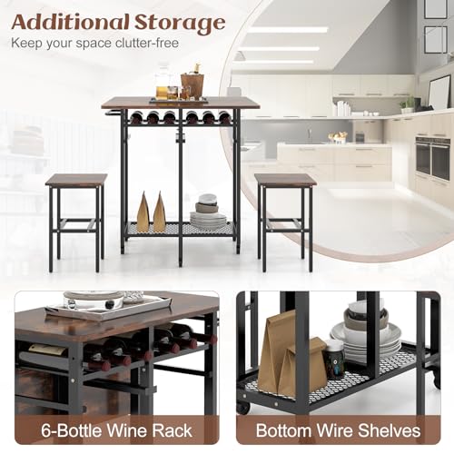COSTWAY 3 Piece Dining Table Set, Kitchen Table and 2 Folding Chairs with Storage Shelves, Anti-Toppling Device & Large Base, Metal Frame Bar Table Set for Kitchen Dining Room (Rustic Brown) 5 COSTWAY 3 Piece Dining Table Set, Kitchen Table and 2 Folding Chairs with Storage Shelves, Anti-Toppling Device & Large Base, Metal Frame Bar Table Set for Kitchen Dining Room (Rustic Brown) - Image 5
