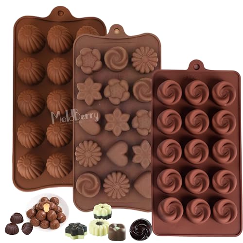 Image of MoldBerry Silicone Chocolate Mould Combo Set of 3 | Flower, Rose & Bon-Bon Shape Candy Molds | Flexible Non-Stick Jelly & Candy Making Tray for Home Bakers & Professionals |