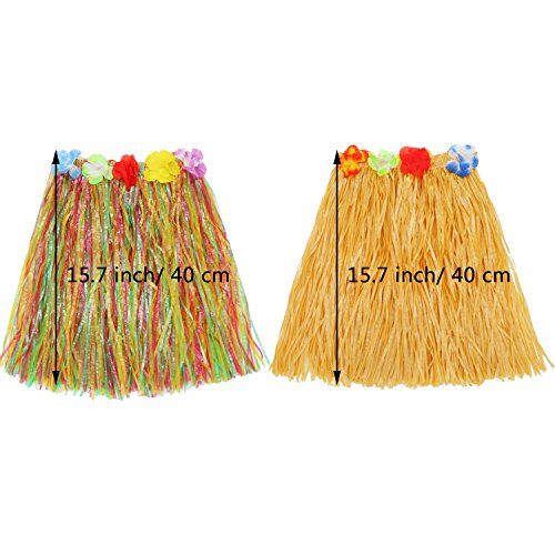 2 Sets Hula Skirts Hawaiian Grass Luau Dance Skirt With Leis For Women Flower Bracelets Headband Necklace Set (Straw Color, Mixed Color) #TOP6