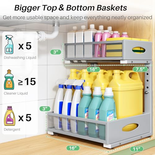 Image of Under Sink Organizer, 2-Pack Pull Out Cabinet Organizer 2 Tier Metal Slide Out Storage Shelf Rack, L-Shaped Adjustable Height,Mesh Sliding Drawer for Kitchen, Bathroom, Laundry, Pantry, Grey, XL