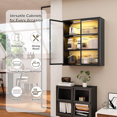 Image of Laundry Room Cabinets Wall Mounted, Bathroom Wall Cabinet with Glass Doors & LED Lights, Black Metal Medicine Cabinet for Bathroom, Kitchen, Living Room and Entryway