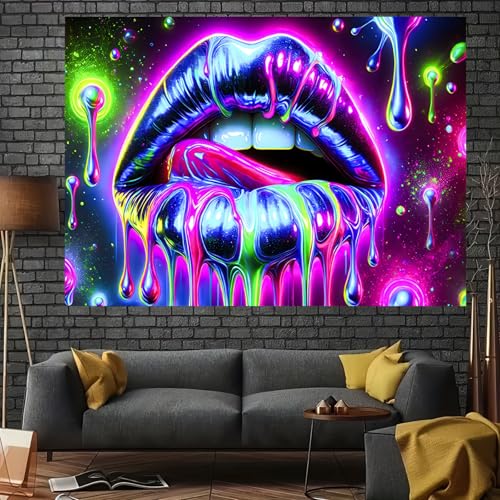 Image of BlissYard Neon Geometric Dripping Lips Tapestry 78x59 Inch - Blacklight UV Reactive Psychedelic Wall Hanging for Bedroom Living Room Party & Festival Decor