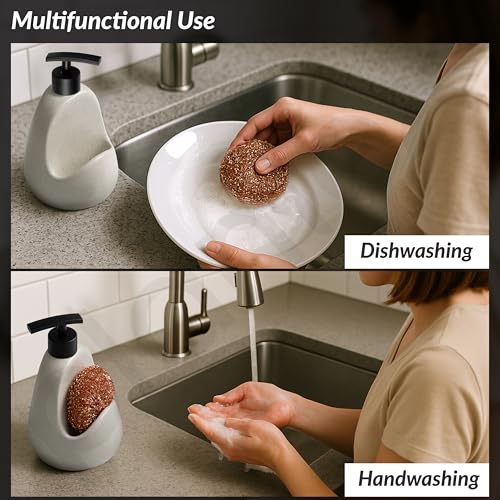 Image of Plantex Ceramic Soap Dispenser with Scruber /Sink Dish Washing Liquid Soap Dispenser for Wash Basin - Bathroom Accessories - (Beige and Black)