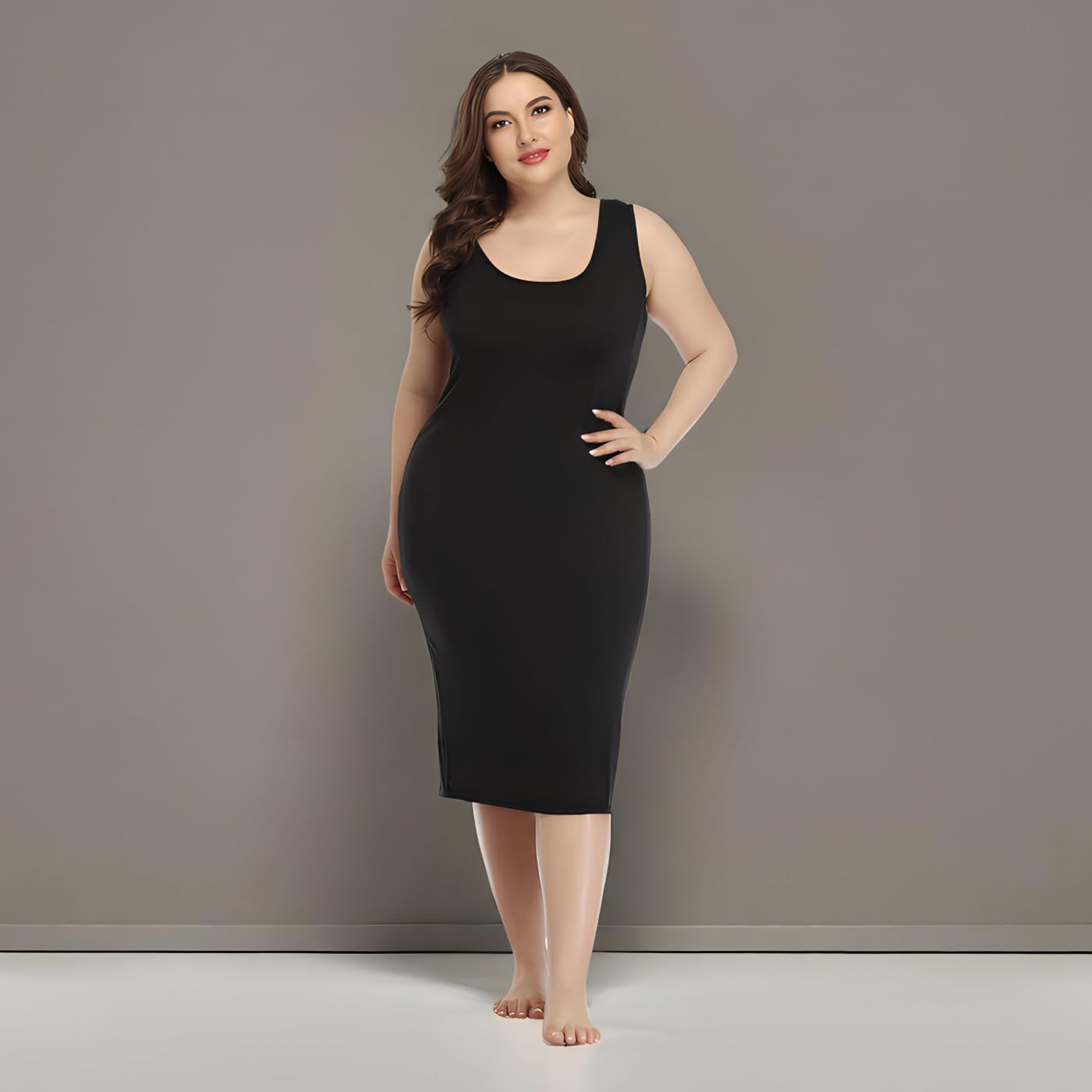 HDE Plus Size Bodycon Midi Dress Casual Fitted Jersey Tank Sundress Sleeveless Scoop Neck Soft Knit Everyday Stretchy Dress