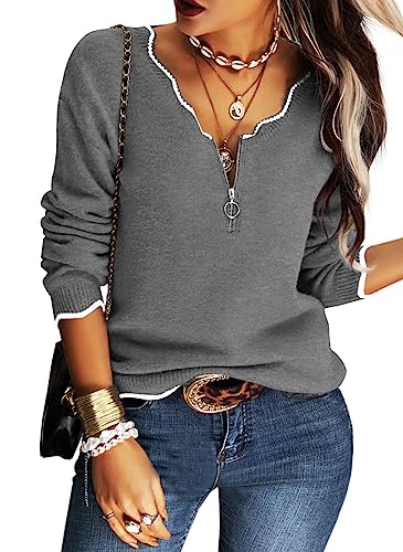 Image of Hongqizo Women's V Neck Long Sleeve Sweater Half Zipper Knit Sweater Casual Cricket Stripe Jumper Pullover Knit Tops