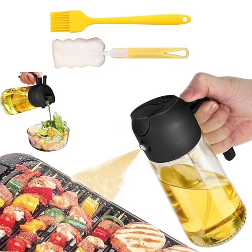 Oil Spray Bottle Kitchen Oil Sprayer for Air Fryer Olive Dispenser with 2 Cleaning Brush 2 in 1 Premium Glass Canola Oil Mister Bottles for Salad BBQ Cooking Appliances (16oz/470ml) (Black)
