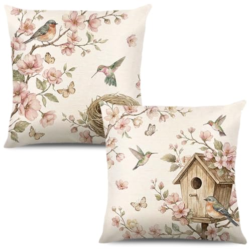 2er Set Kissenbezüge Blumen Garten 40 x 40 cm Frühling Blumen Kissenbezug Frühling Bauernhaus Blätter Dekorativer Kissenbezug Zierkissenbezüge Frühlingsdeko Kissen Für Sofa Schlafzimmer Deko (A)