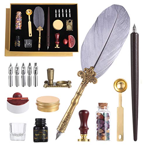 Feather Pen-Quill Pen and Ink Set, Vintage Calligraphy Dip Pen Kit,European Ink Pen kits, with 7 Nibs,20ml ink,2 in 1 Pen Holder, Wooden Dip Pen, Sealing Wax,Spoon (Grey)