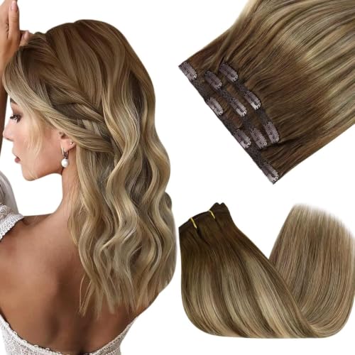 Sunny Hair Clip in Hair Extensions Real Human Hair Brown Balayage Blonde