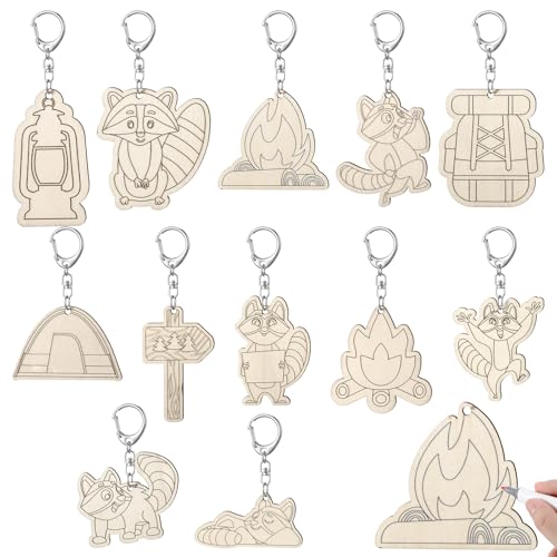 RattanView 24 Pcs Camp Craft Color Your Own Keychains DIY Craft Wooden Blank Keychains for Sunday School Classroom Home Active Party Favors Gifts, 12 Styles