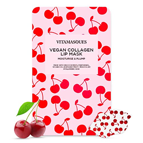 Lip Mask, Cherry Vegan Collagen by Vitamasques, 3-Pack - Lip Plumper is Moisturizing, Repairing for Dry & Chapped Lips - Nourishing & Hydrating - Wild Cherries & Hyaluronic Acid - Vegan & Cruelty-Free