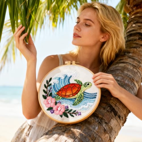 Image of BEUNITONE 4 Sets Sea Turtle Embroidery Kits for Beginners DIY Craft Kits for Adults with Printed Patterns, Hoops and Instructions, Hibiscus Flower Needlepoint Kits for Clothing and Home Decor