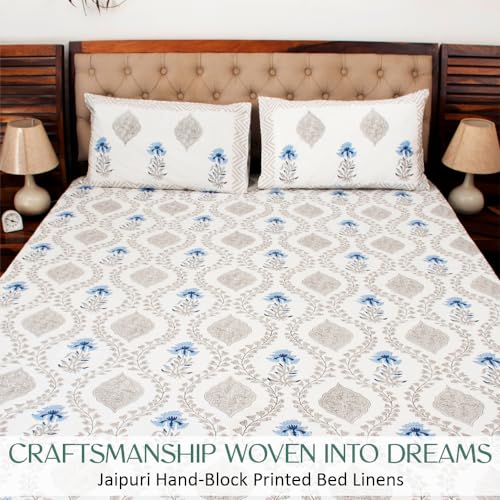 Image of Premium Bedsheet with 2 Pillow Covers I Hand Block I Pure & Soft Percale Cotton I 300 TC I 90x108 inches (King Size Double Bed Bedcover) I Floral Pattern I Blue & Grey