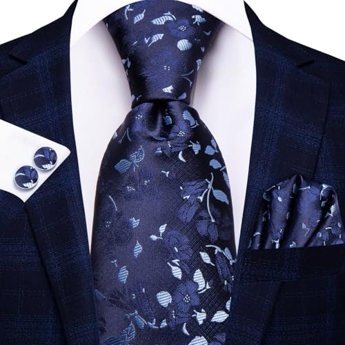 Image of Dubulle Mens Navy Blue Floral Paisley Striped Tie and Handkerchief Cufflinks Tie Set for Men Wedding Business Formal