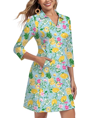 Image of WOWENY 3 /4 Sleeve Dress for Women with Pockets V Neck UPF 50+ Casual Sun Dress Breathable Quick Dry Beach Vacation