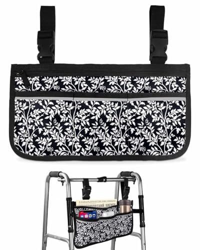 Anzona Black Floral Rustic Wheelchair Side Bag Walker Bag, Modern Botanical Leaves Wheelchair Accessories Armrest Pouch, Organizer Storage Bag for Walkers, Rollators, Scooters, 7.3''x13''