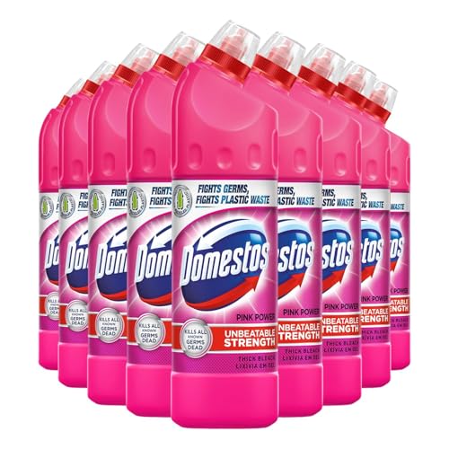Image of Domestos Thick Bleach Pink Power Multi-Purpose Disinfectant Anti-Bacterial Surface Cleaner Gel Limescale Remover for Toilet, Bathroom and Kitchen, 750ml (Buy 9)