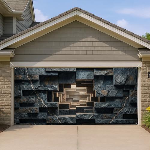 Porte de garage en pierre avec deco rustique d'interieur et exterieur