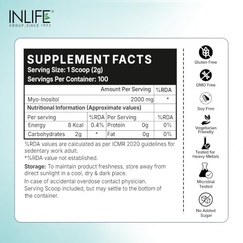 Image of INLIFE Myo Inositol Powder 2000mg, Unflavoured, Hormonal Metabolic Balance & PCOS Support for Women, 200g