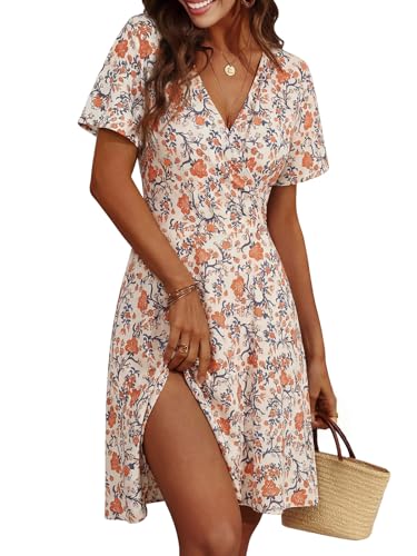 Cicy Bell Damen Sommerkleid Kurzarm Blumenmuster Kleider Beige L – Ansicht 1