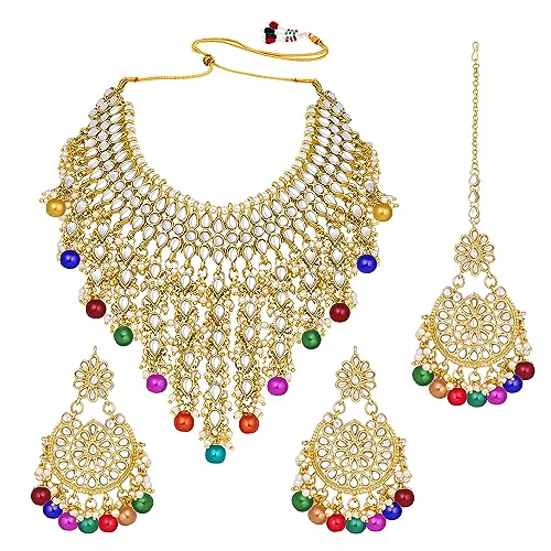 Image of Peora Kundan & Beads Studded Necklace Earrings & Maangtikka Set Ethnic Jewellery for Women & Girls
